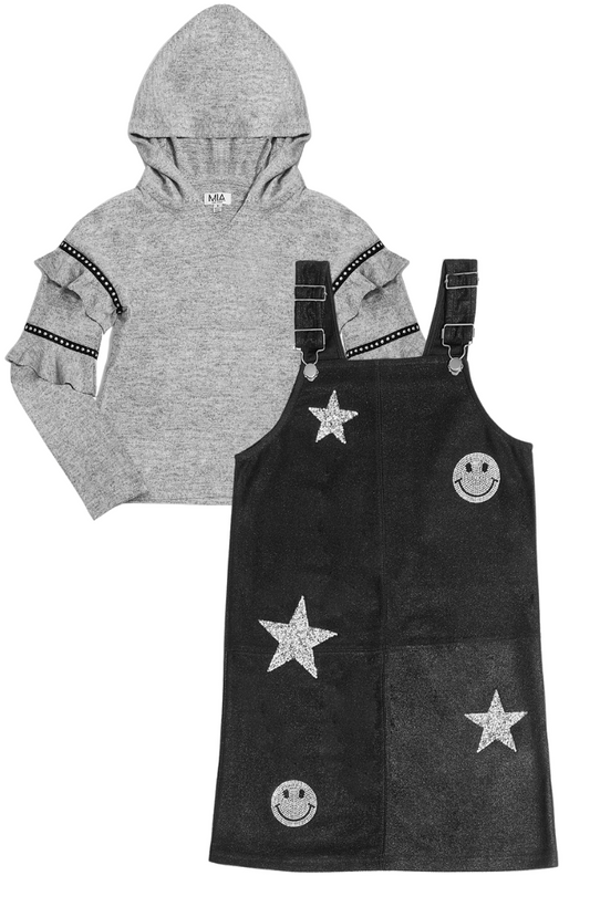 Hooded Studded Sweater & Patch Overalls