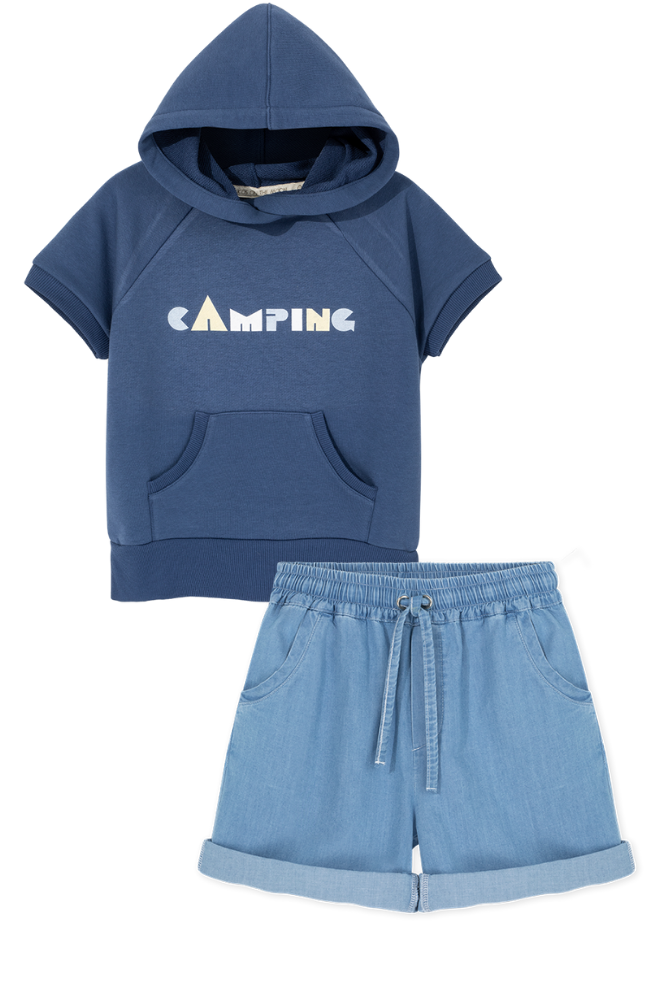 Camping Hoodie & Denim Shorts