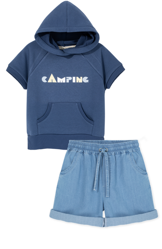 Camping Hoodie & Denim Shorts