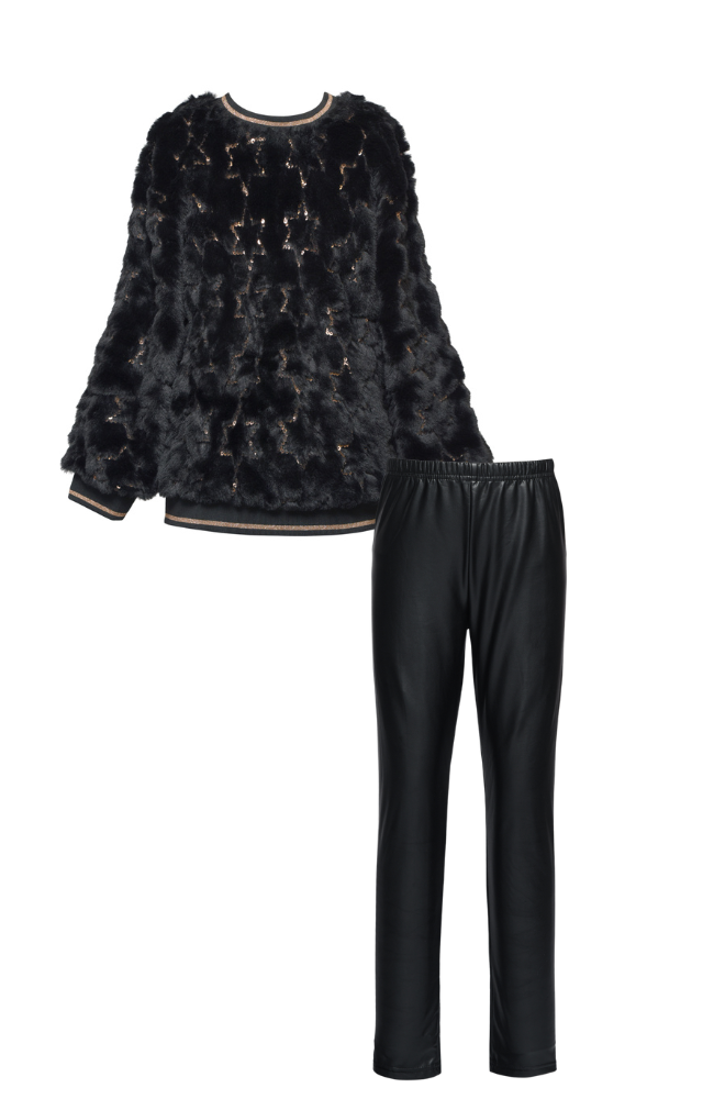 Faux Fur Star Sweater & Faux Leather Leggings