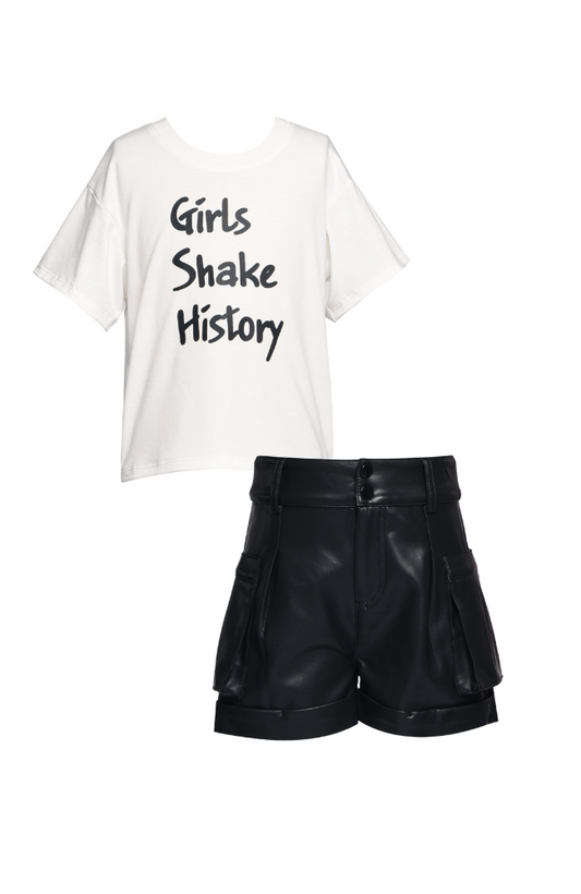 Graphic Tee & Faux Leather Cargo Shorts