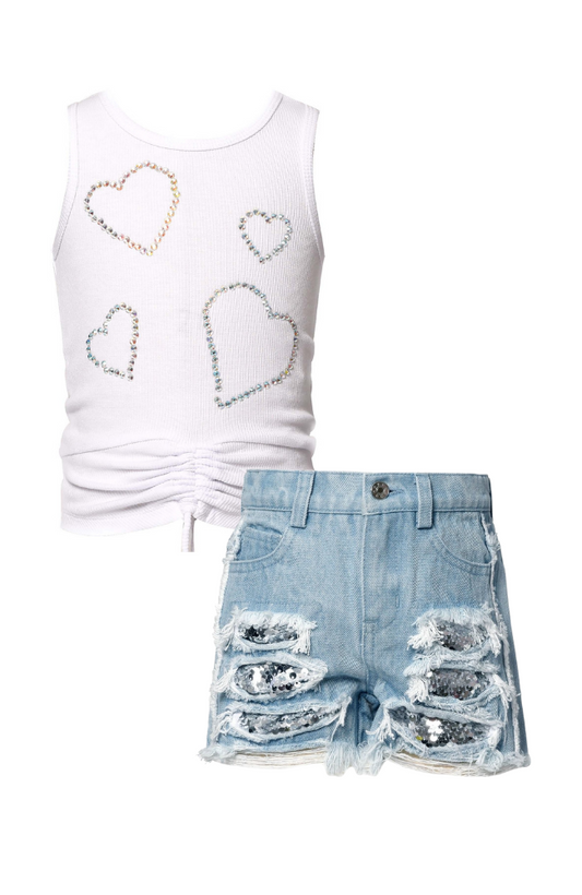 Heart Rouched Top & Sequin Denim Short