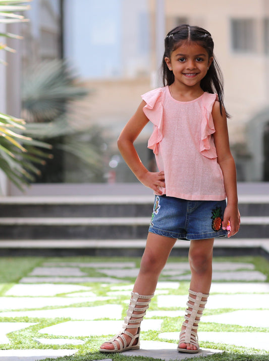 Coral Ruffle Tee & Patches Shorts