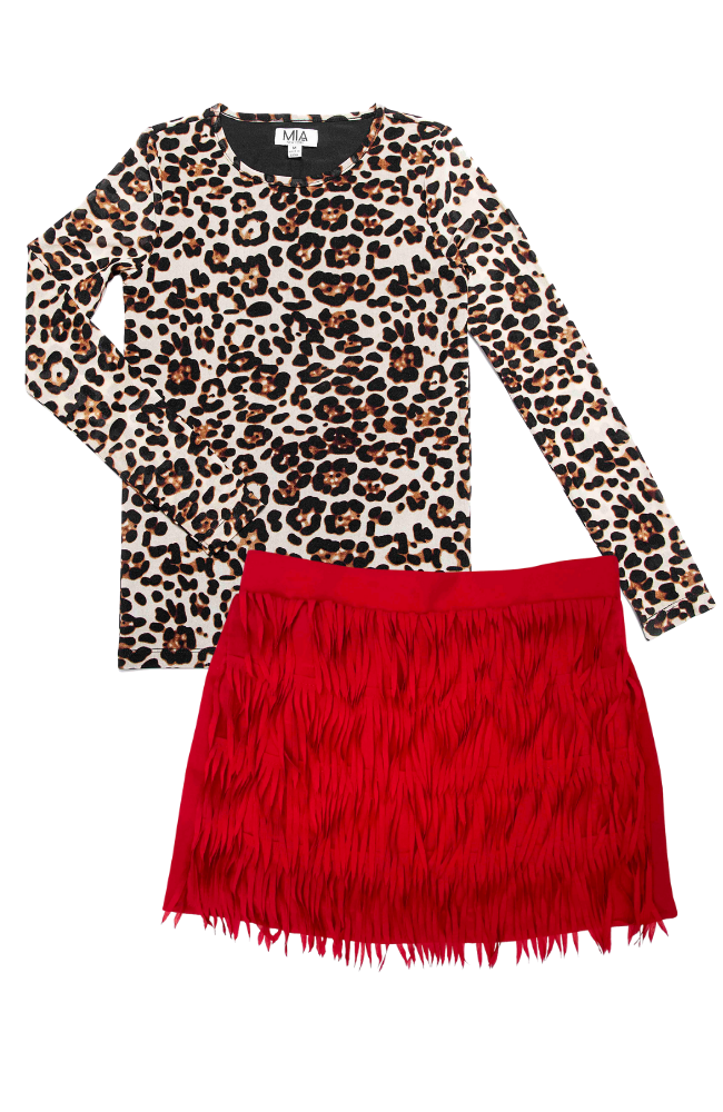 Leopard Mesh Top & Fringe Skirt