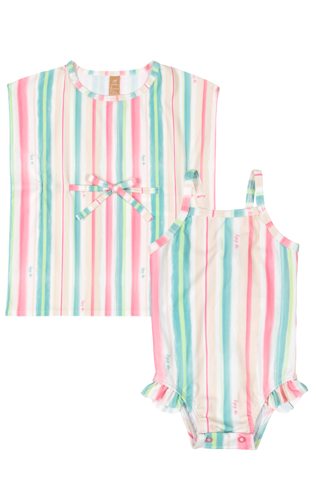 Pastel Stripe Swimsuit & Drawstring Cover Up